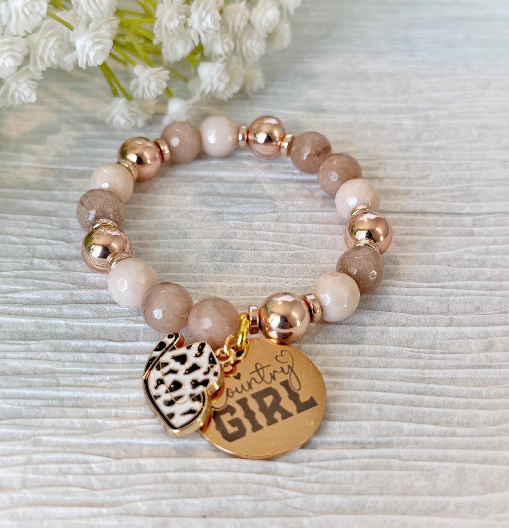 Country Girl Bracelet, Rose Gold Neutral Beads, Cow Print Heart Charm
