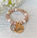 Country Girl Bracelet, Rose Gold Neutral Beads, Cow Print Heart Charm