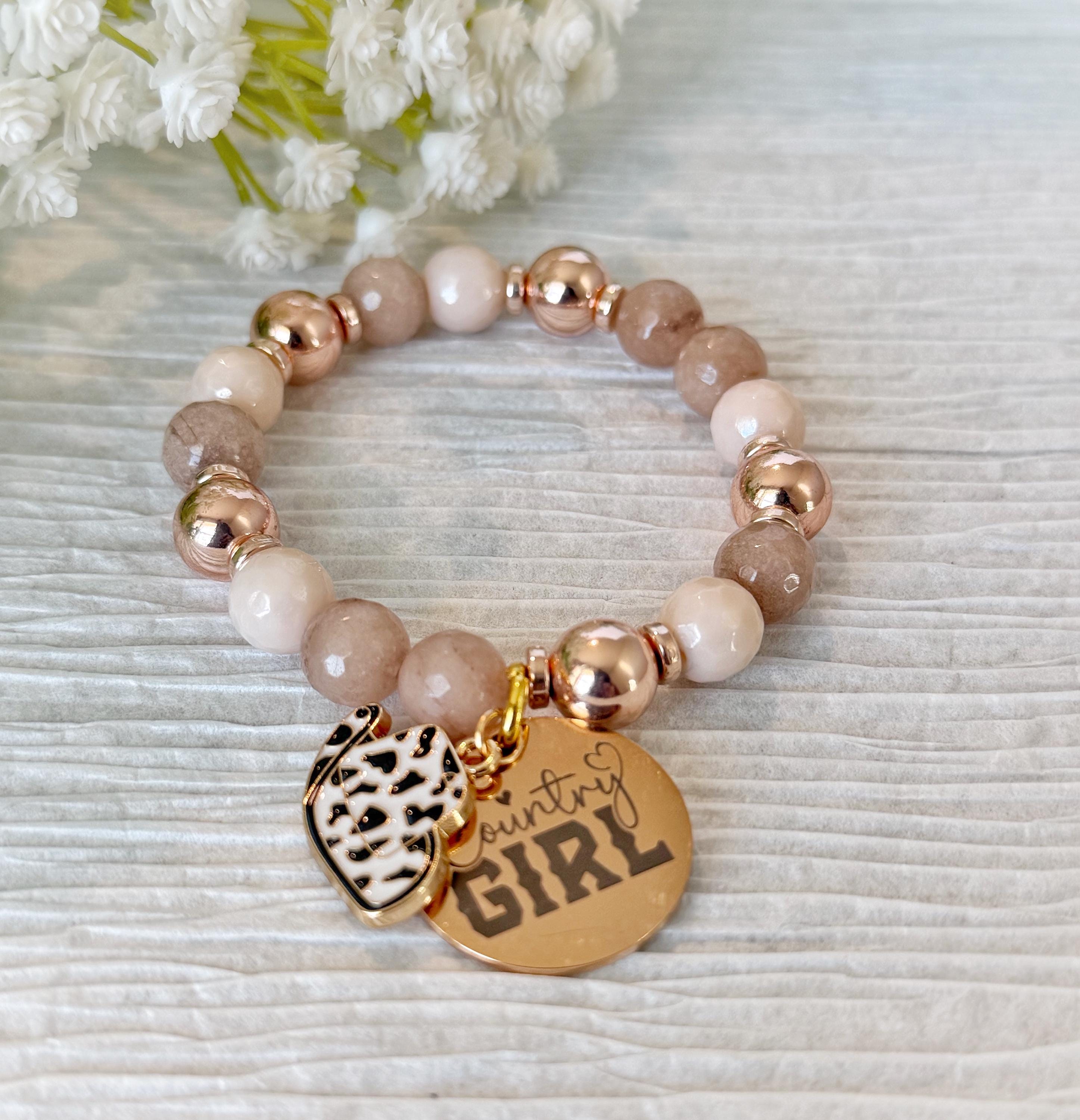 Country Girl Bracelet, Rose Gold Neutral Beads, Cow Print Heart Charm