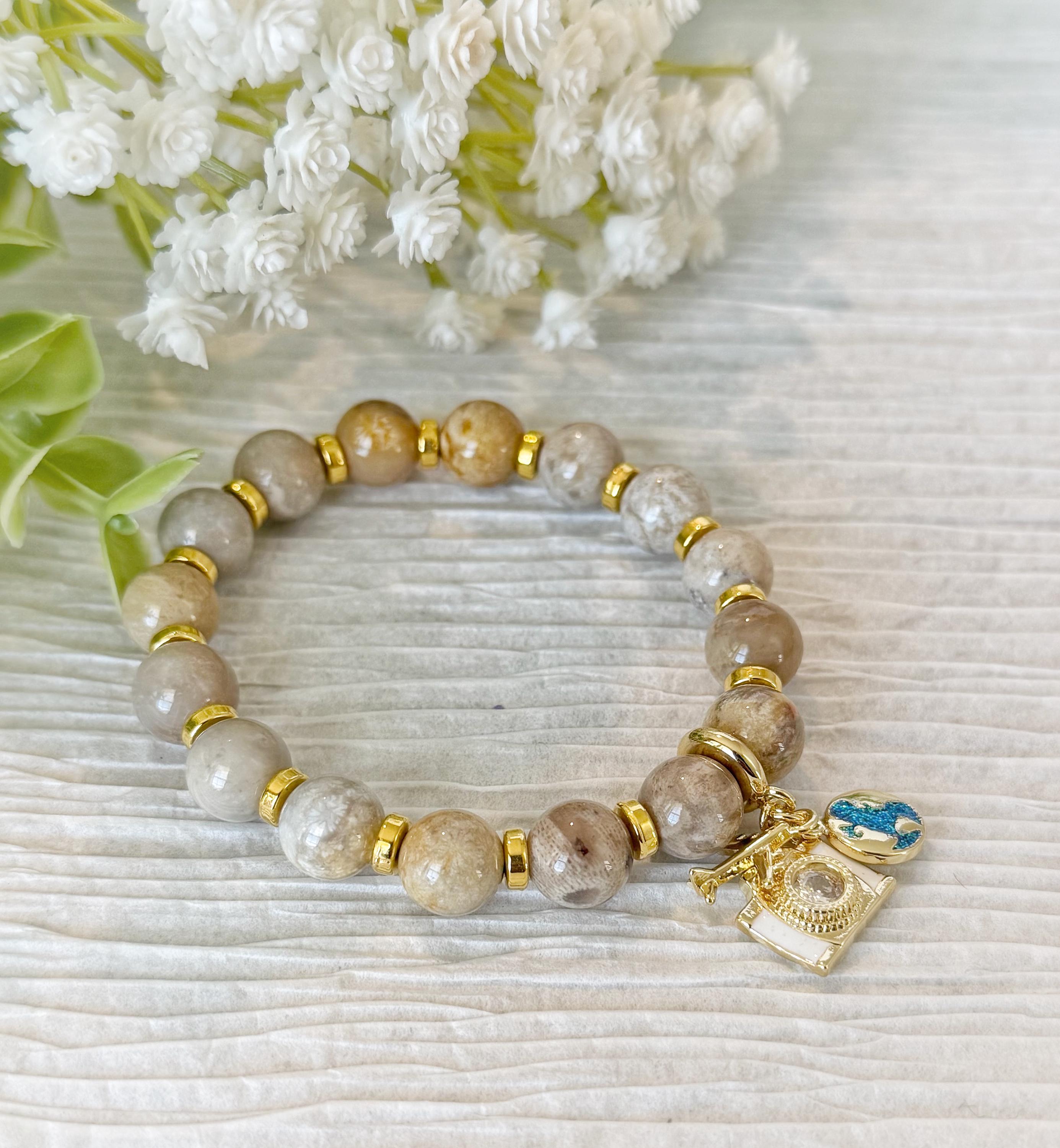Travel Lover Charm Bracelet, Sunstone Beads with Airplane, Camera & Earth Globe Charms