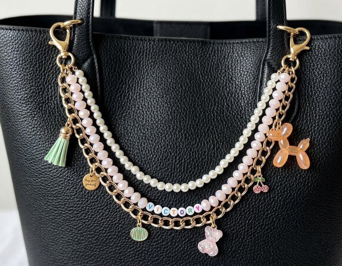 Beaded Bag Charm Accessory, Balloon Dog, Pearl Chain, Gold-Filled Clasp