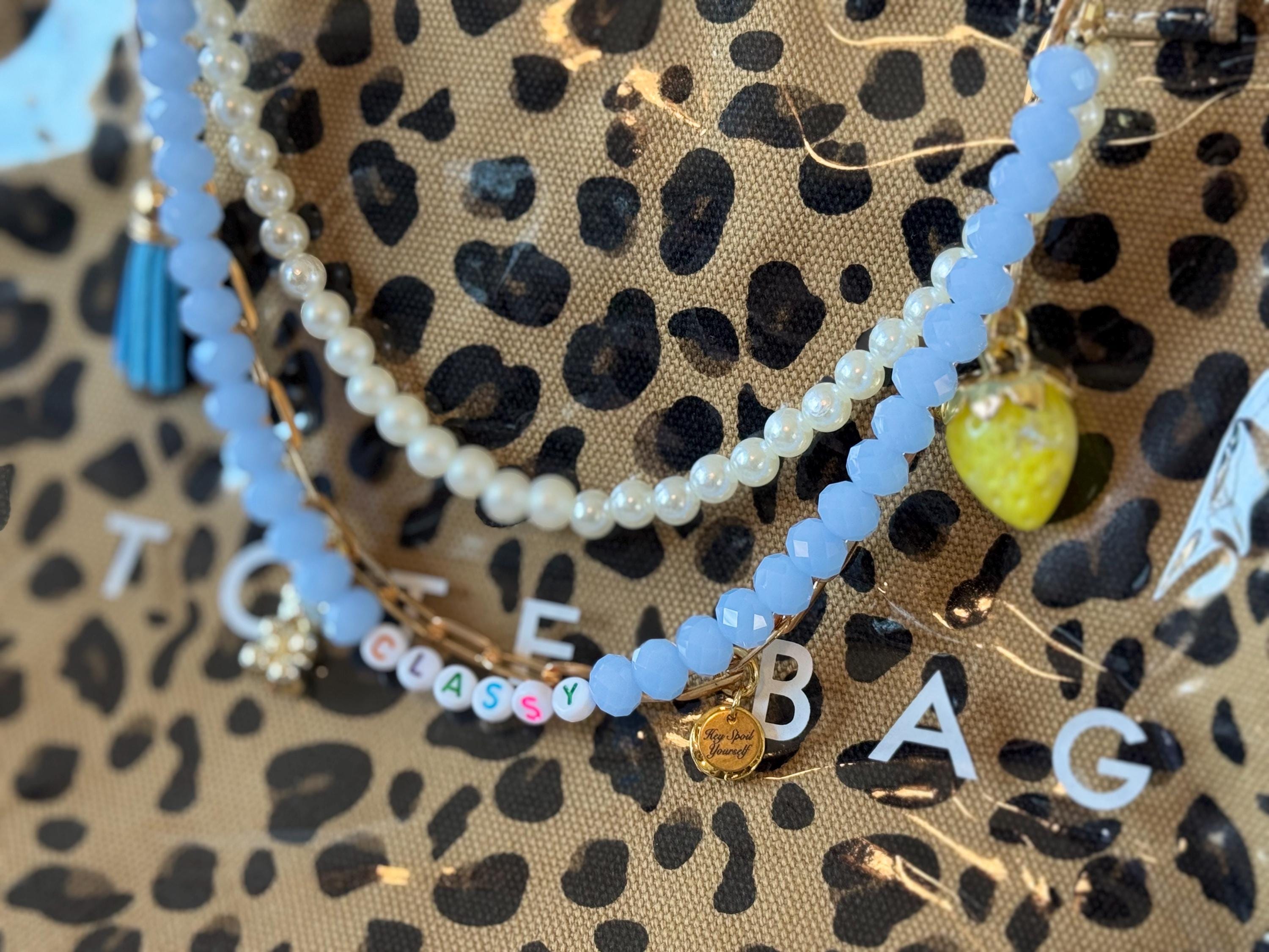 Classy Beaded Bag Charm, Pearl and Blue Crystal Purse Chain Accessory, Gift for Her