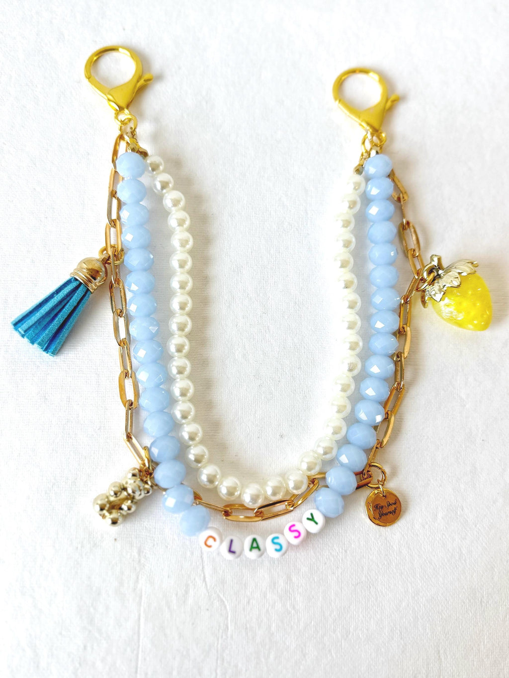 Classy Beaded Bag Charm, Pearl and Blue Crystal Purse Chain Accessory, Gift for Her