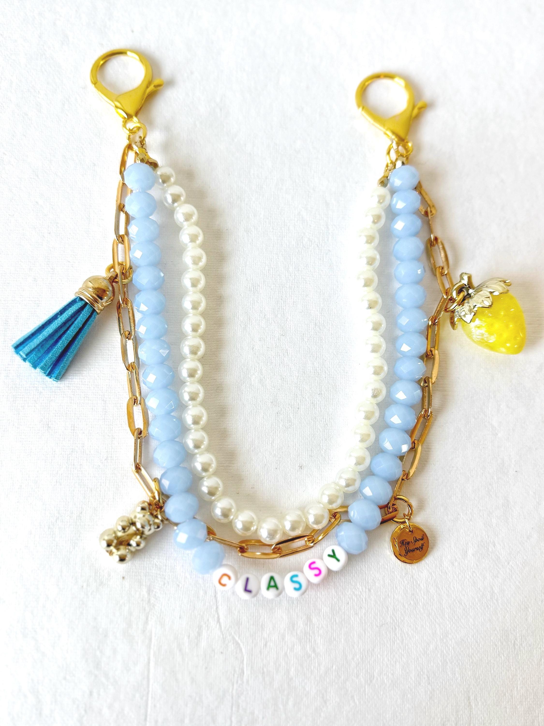 Classy Beaded Bag Charm, Pearl and Blue Crystal Purse Chain Accessory, Gift for Her