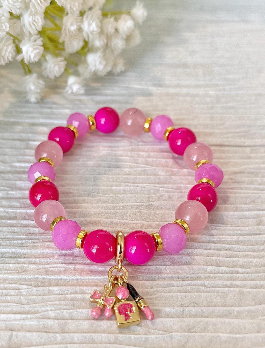 Pink Beaded Bracelet with Doll, Lipstick, Bow Charms, Rose Quartz (7.25in)