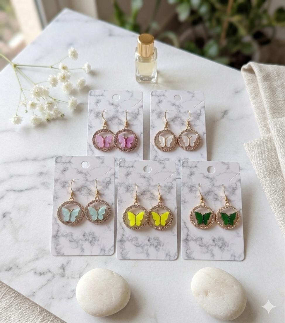 Colorful Butterfly Dangle Earrings, Rhinestone Circle Charm Jewelry