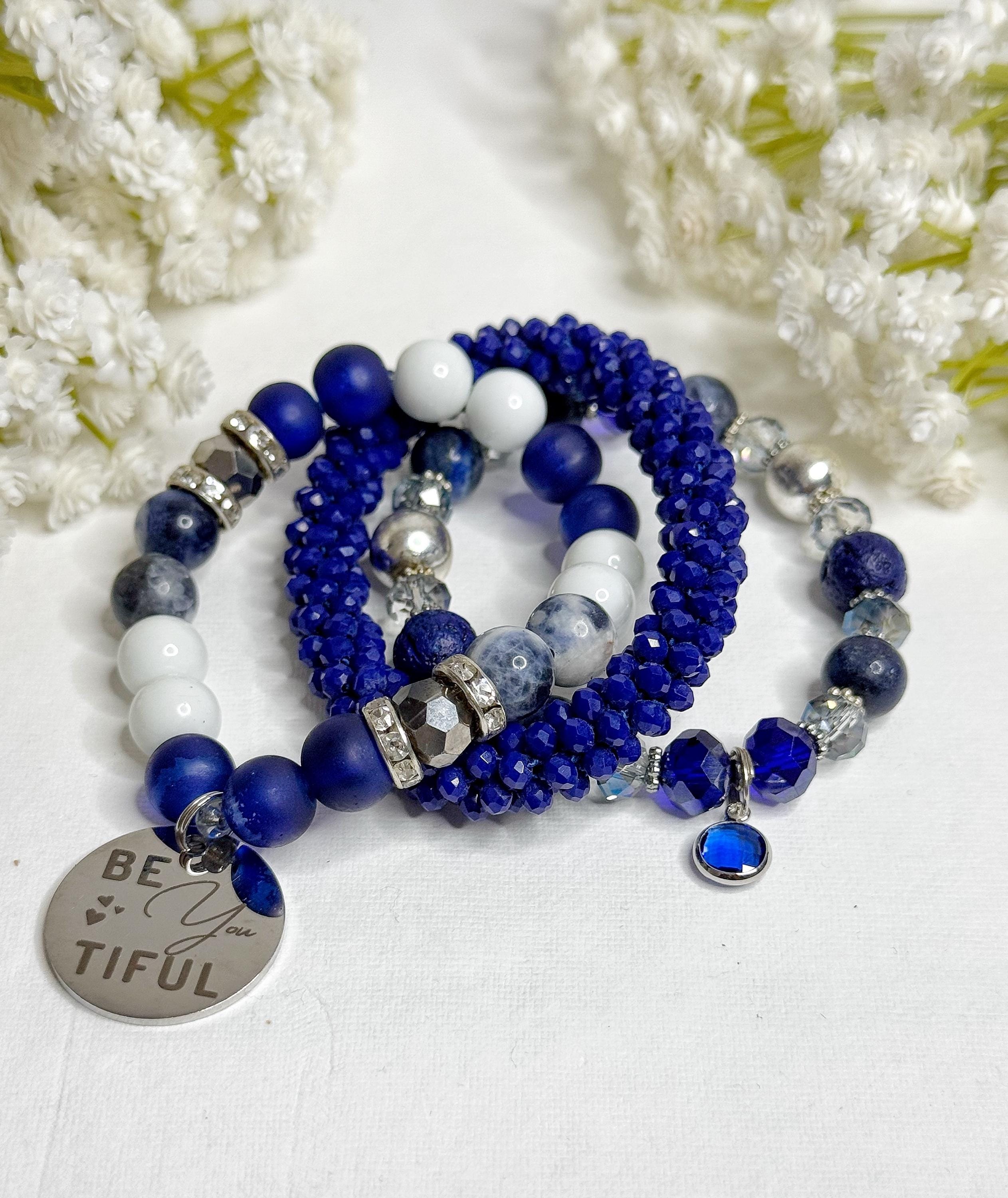 Beaded Charm Bracelet Set: Blue Gemstone Stretch Bracelets