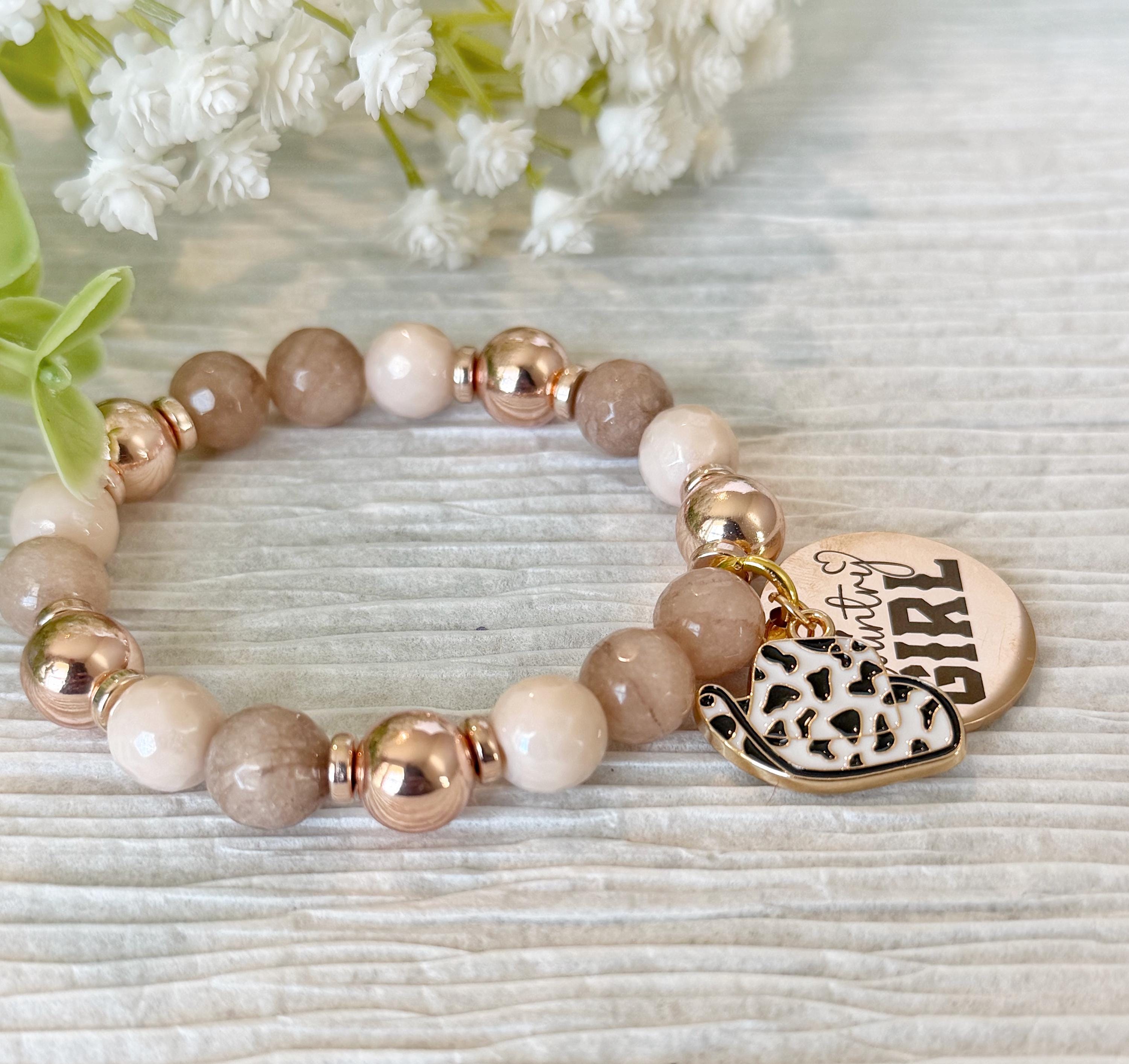 Country Girl Bracelet, Rose Gold Neutral Beads, Cow Print Heart Charm