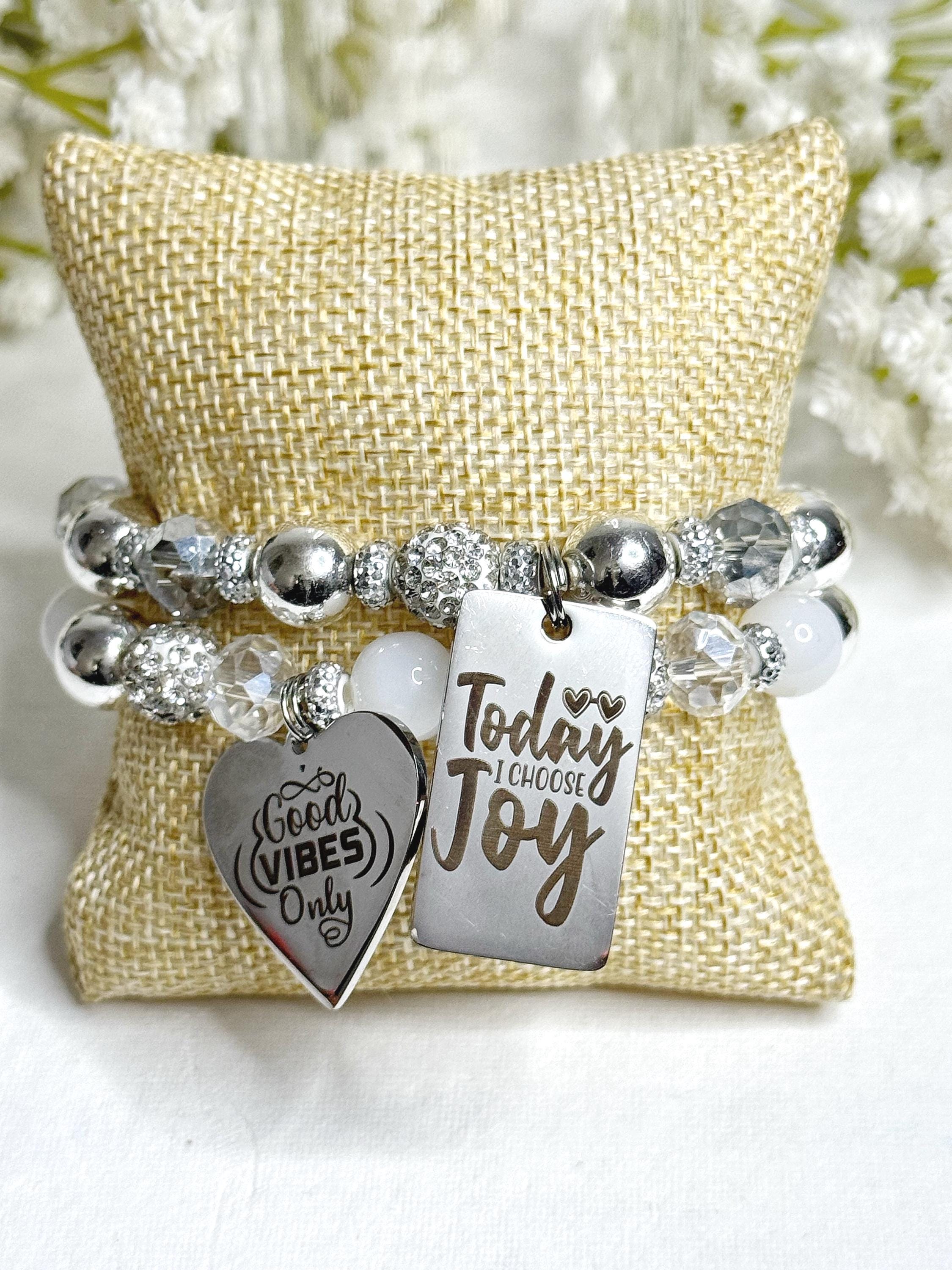 Motivational Charm Bracelet Set: Beaded Stretch Bracelets