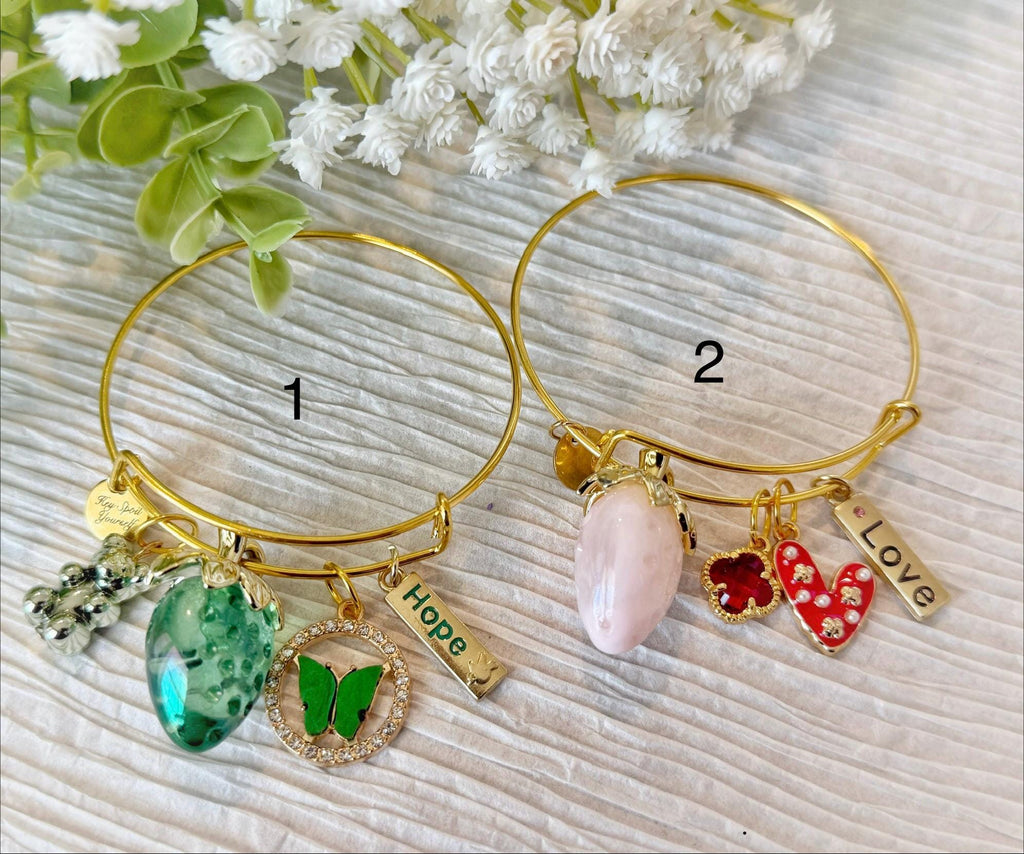 Gold adjustable bangle bracelet with charms, Lightweight bangle