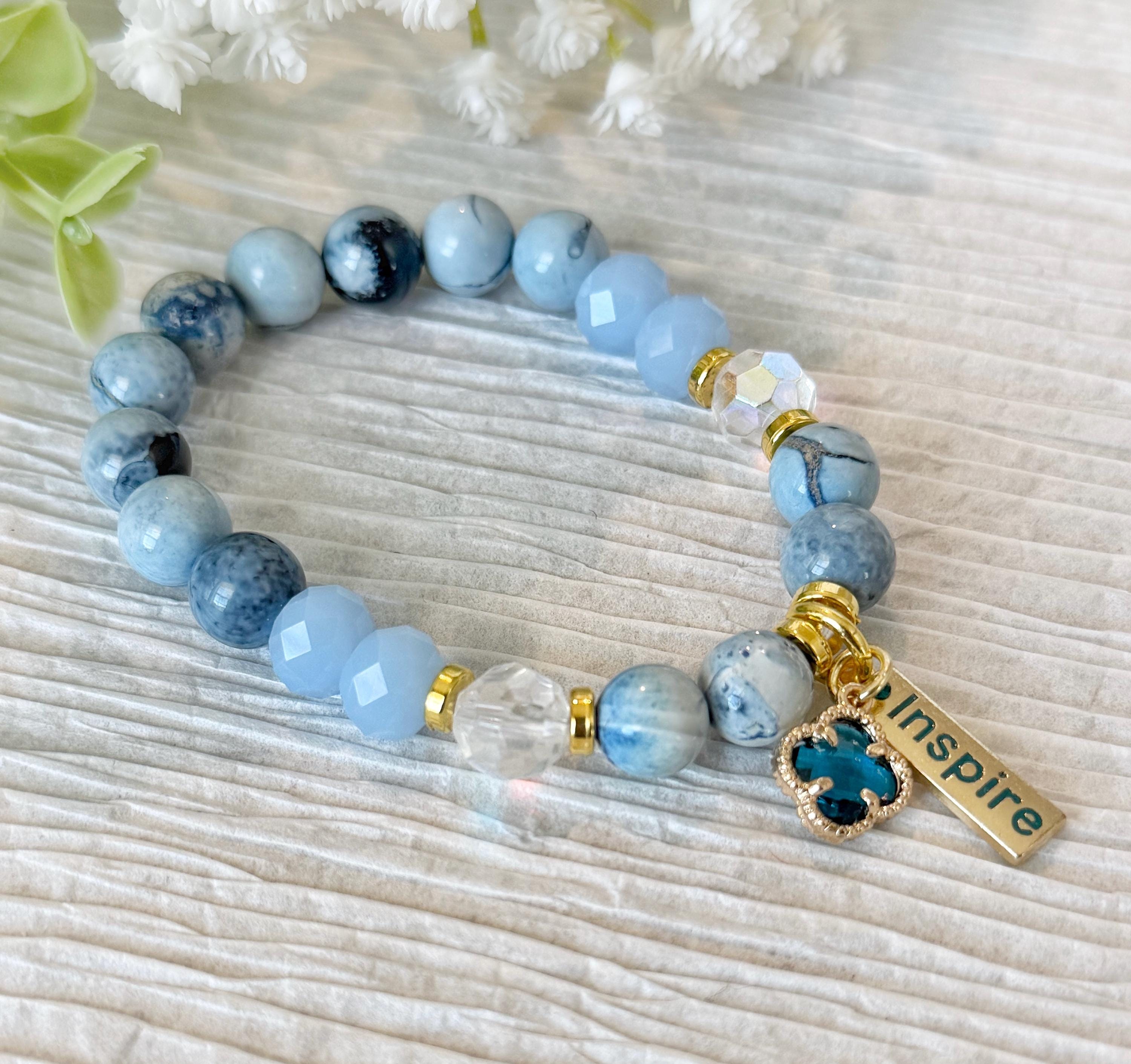 Blue Beaded Stretch Bracelet with "Inspire" Charm, 10mm Beads