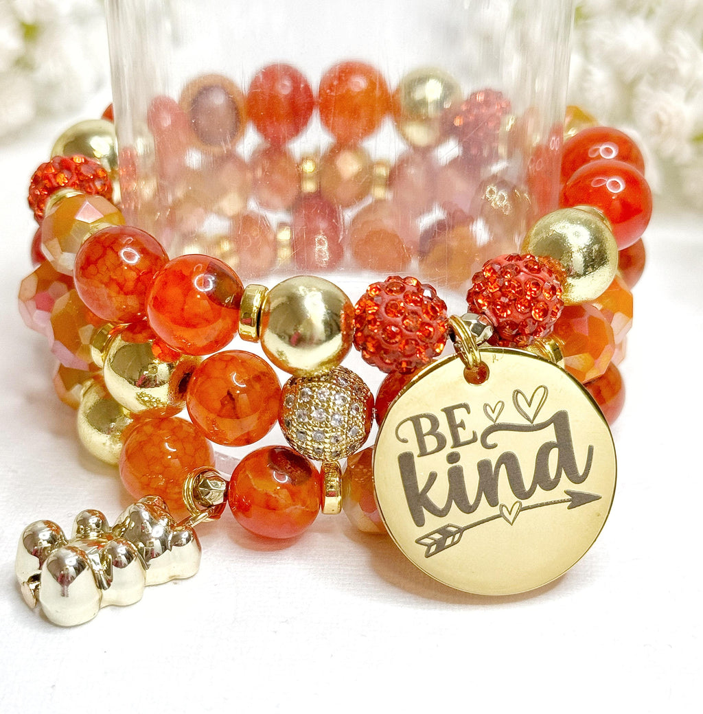 Orange Beaded Charm Bracelet Set: Inspirational Stretch Bracelets