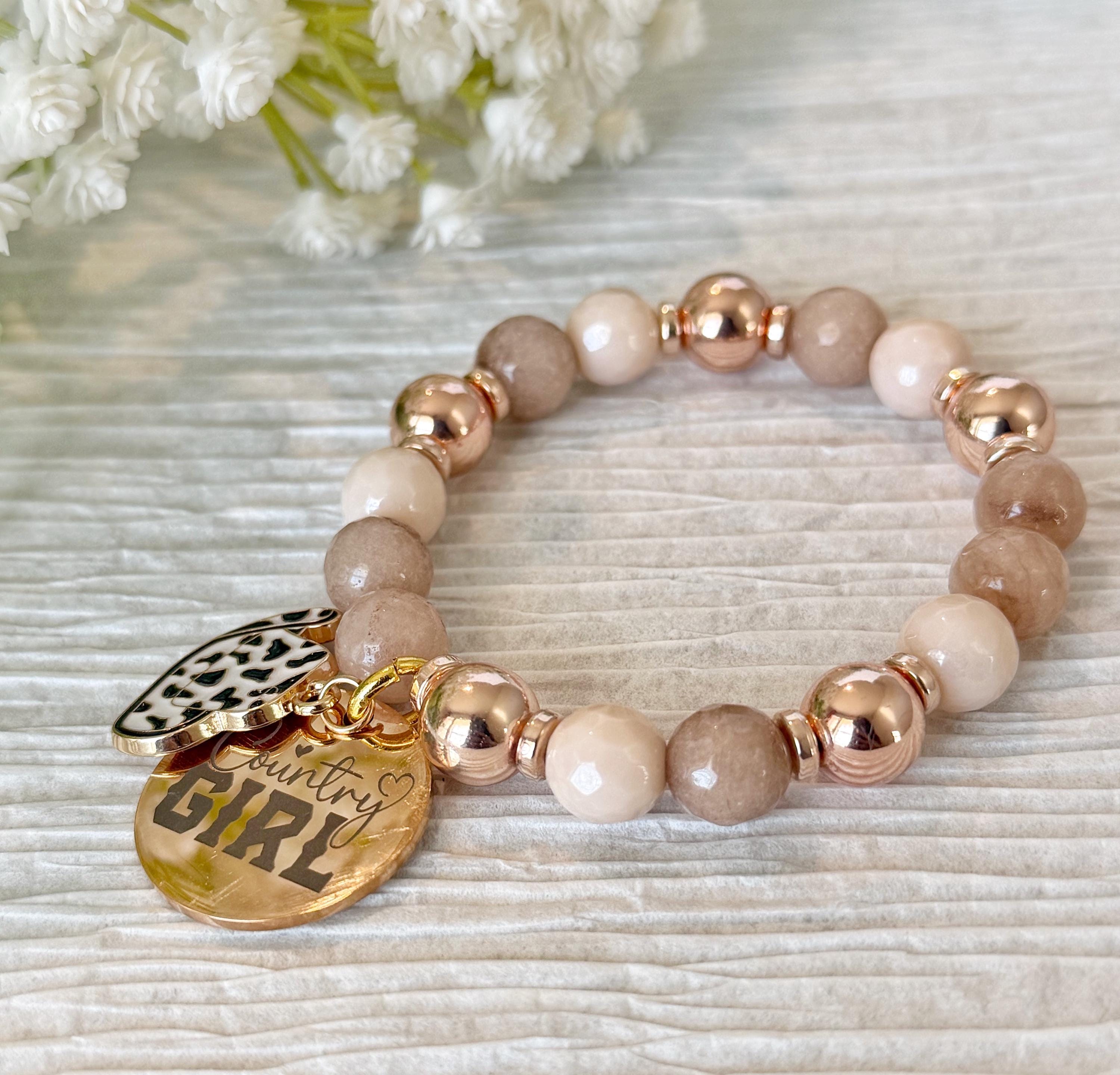 Country Girl Bracelet, Rose Gold Neutral Beads, Cow Print Heart Charm