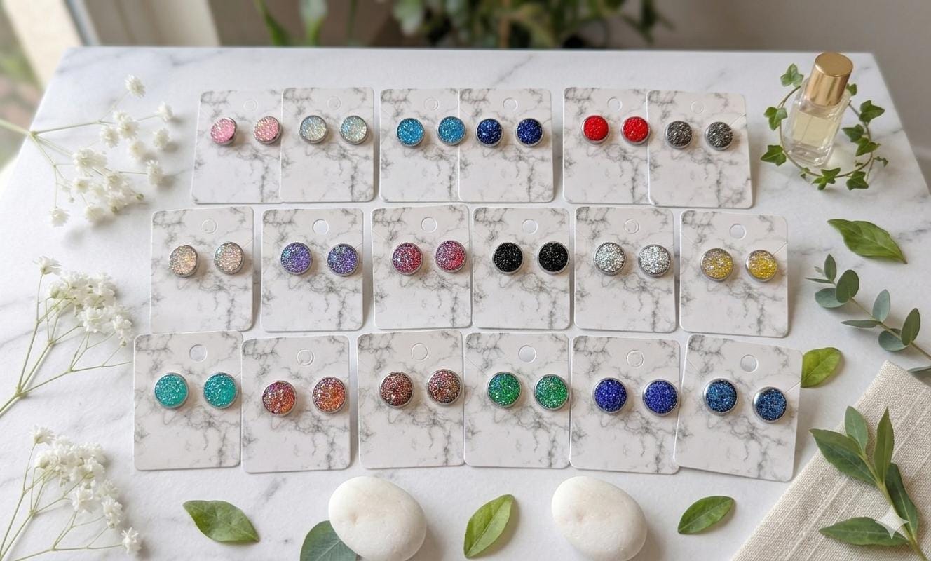 Druzy Stud Earrings, Glitter Resin Crystal Posts, Nickel Free Setting (12mm)