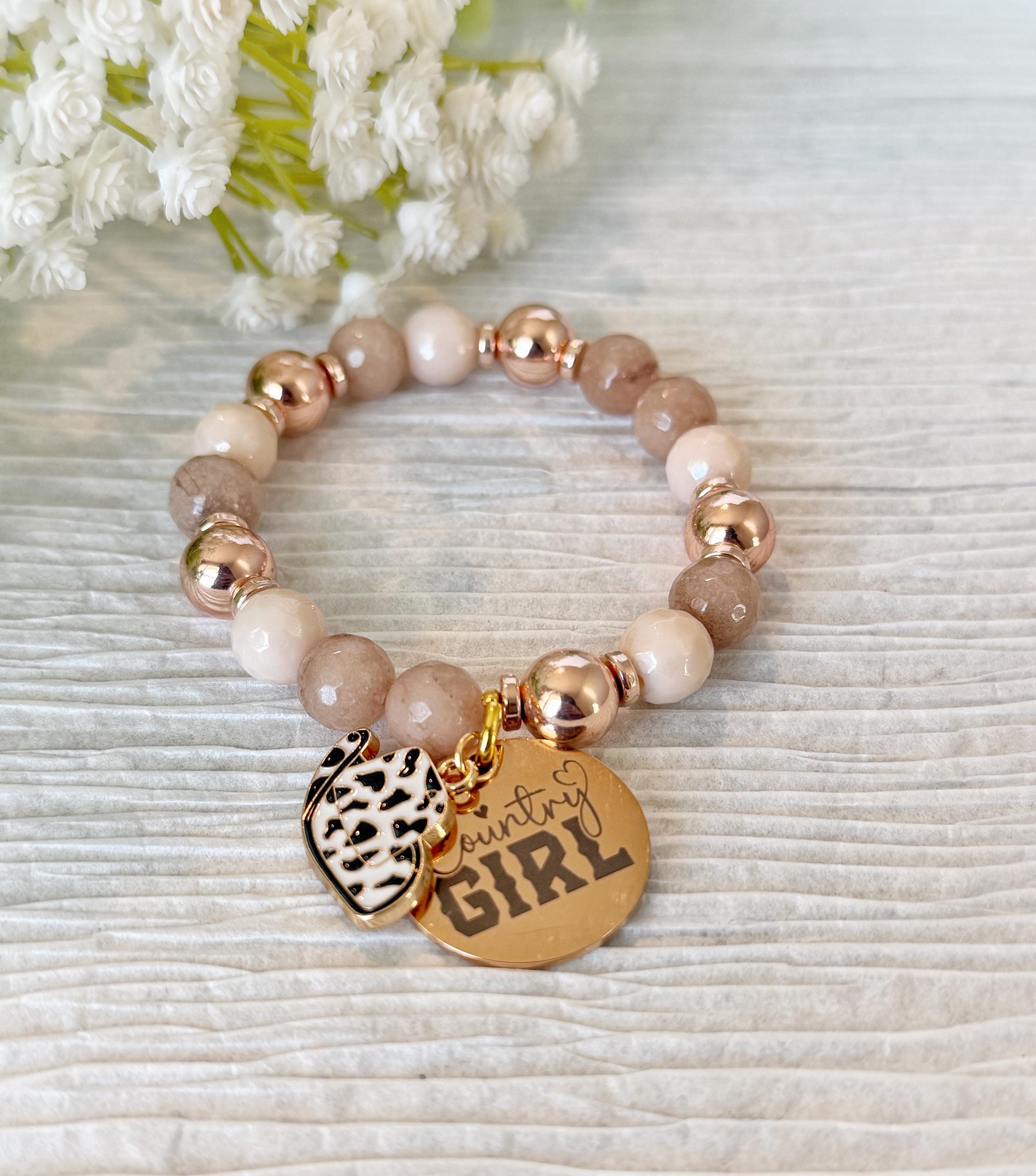 Country Girl Bracelet, Rose Gold Neutral Beads, Cow Print Heart Charm