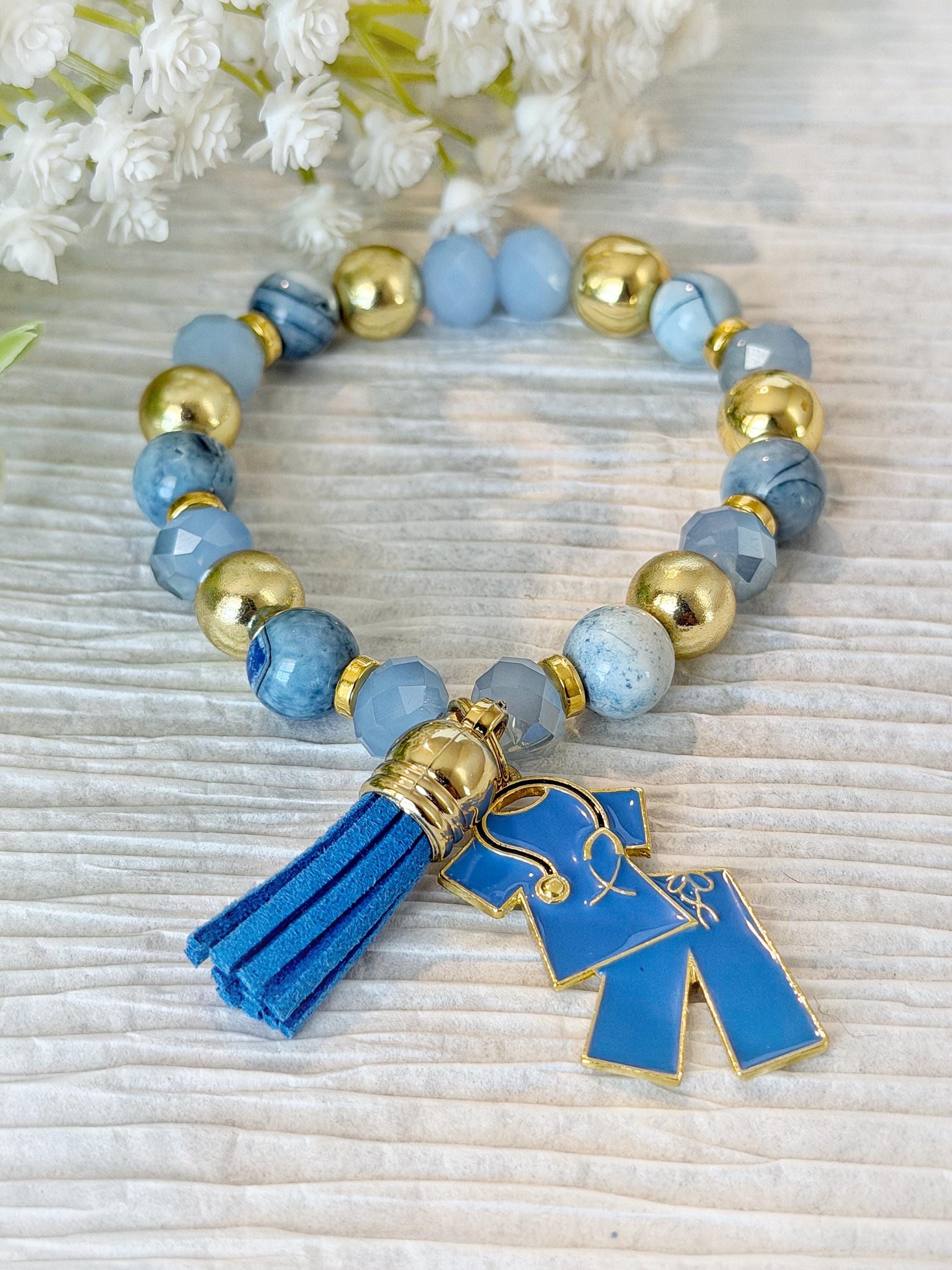 Nurse Inspired, Blue Beaded Stretch Bracelet with Scrubs Charm, 10mm Beads