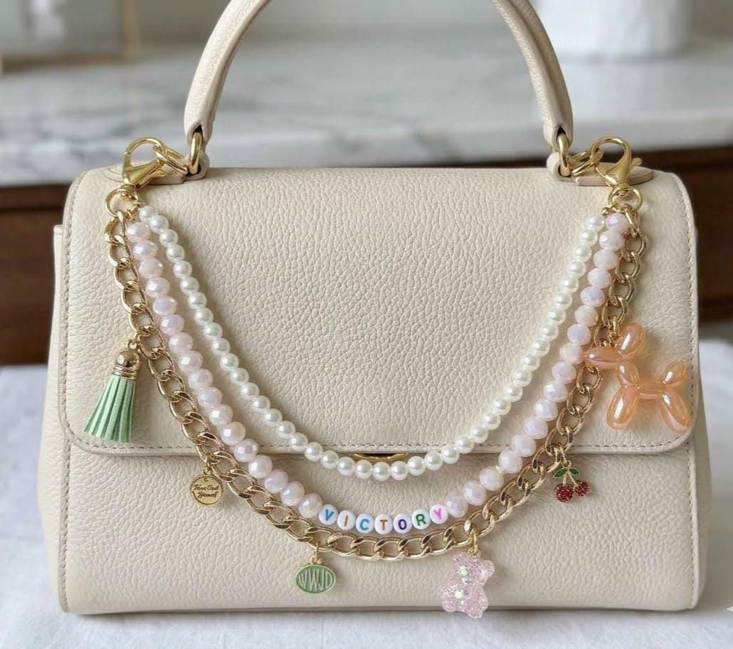 Beaded Bag Charm Accessory, Balloon Dog, Pearl Chain, Gold-Filled Clasp