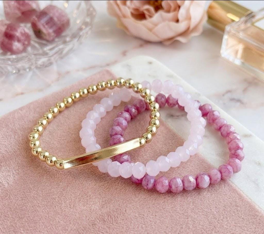 Personalized Gold Filled Bar Bracelet Stack, Crystal Gemstone Beaded Jewelry