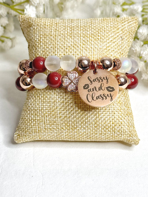 Beaded Charm Bracelet Set: Red, White, and Rose Gold Stretch Bracelets