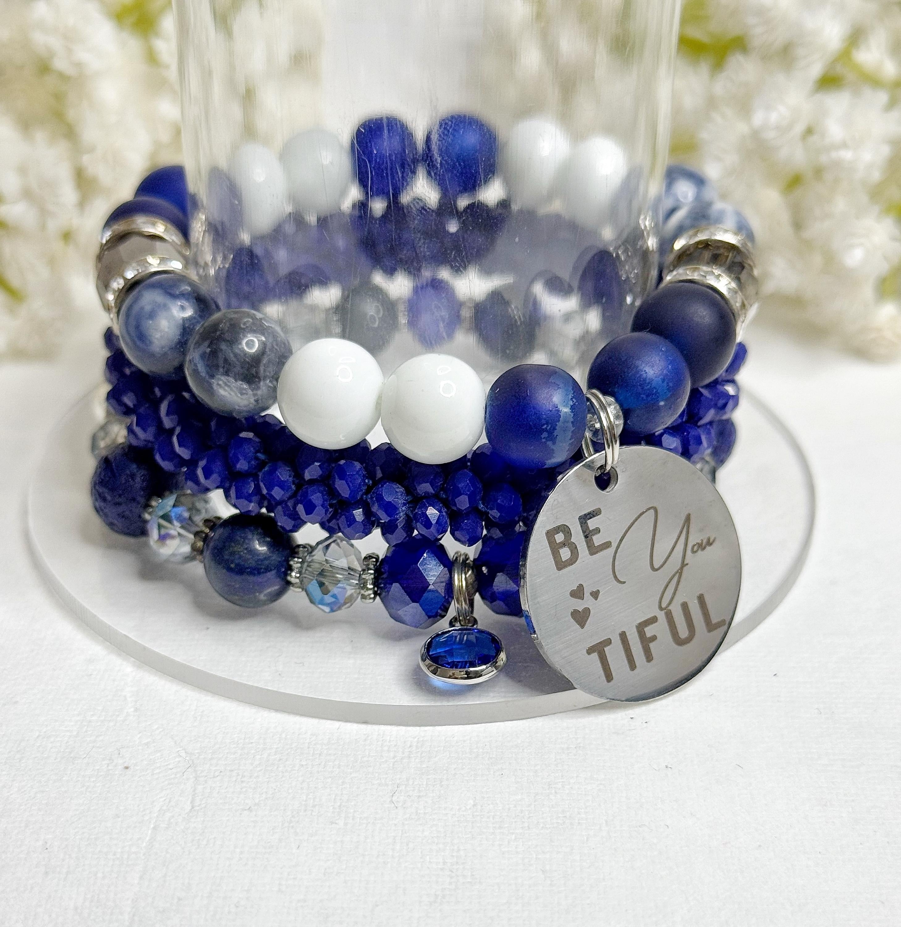 Beaded Charm Bracelet Set: Blue Gemstone Stretch Bracelets