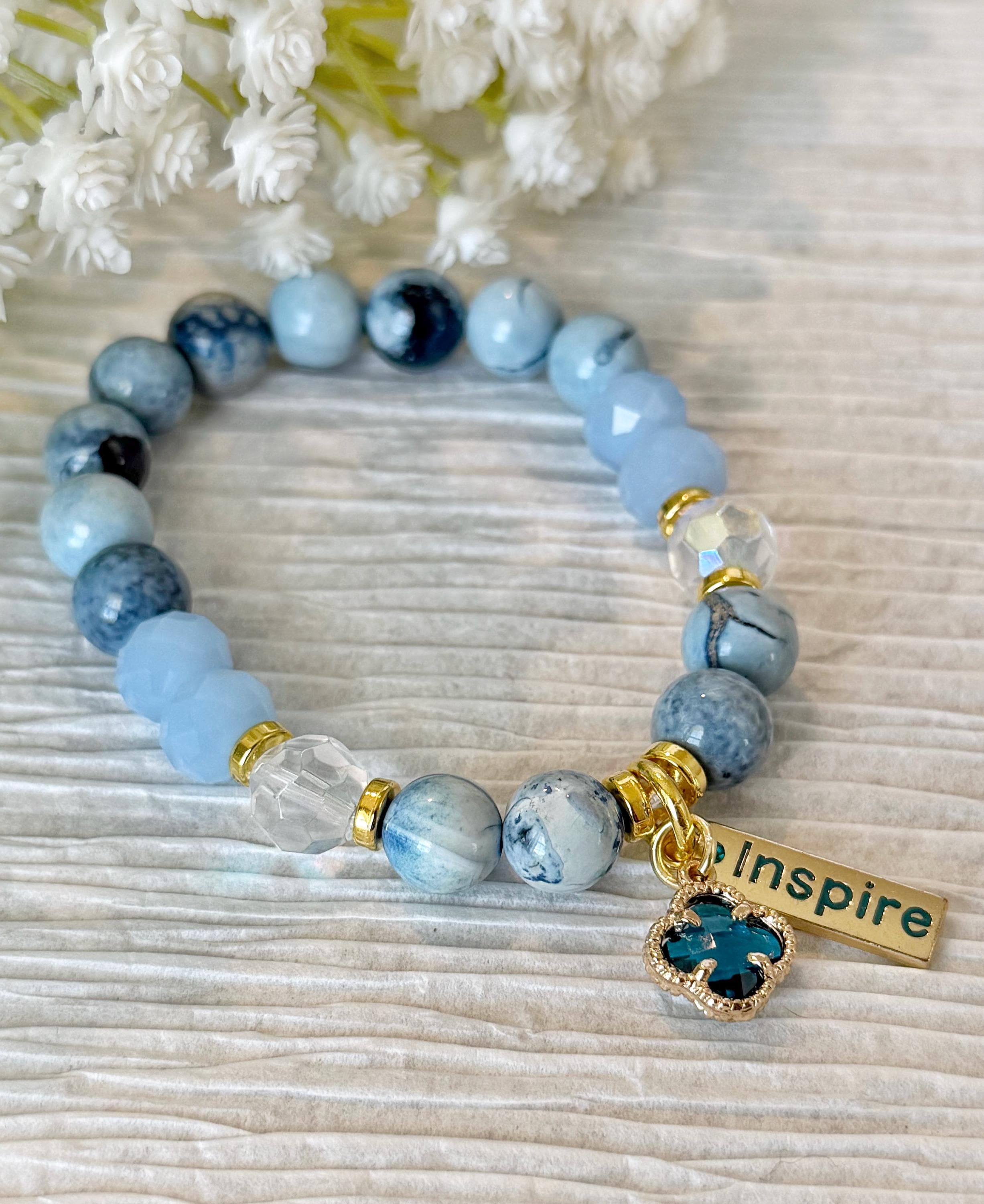 Blue Beaded Stretch Bracelet with "Inspire" Charm, 10mm Beads