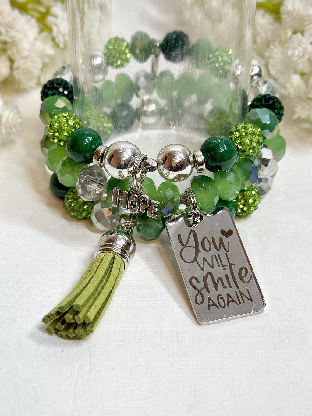 Green Beaded Charm Bracelet Set: Inspirational Stretch Bracelets