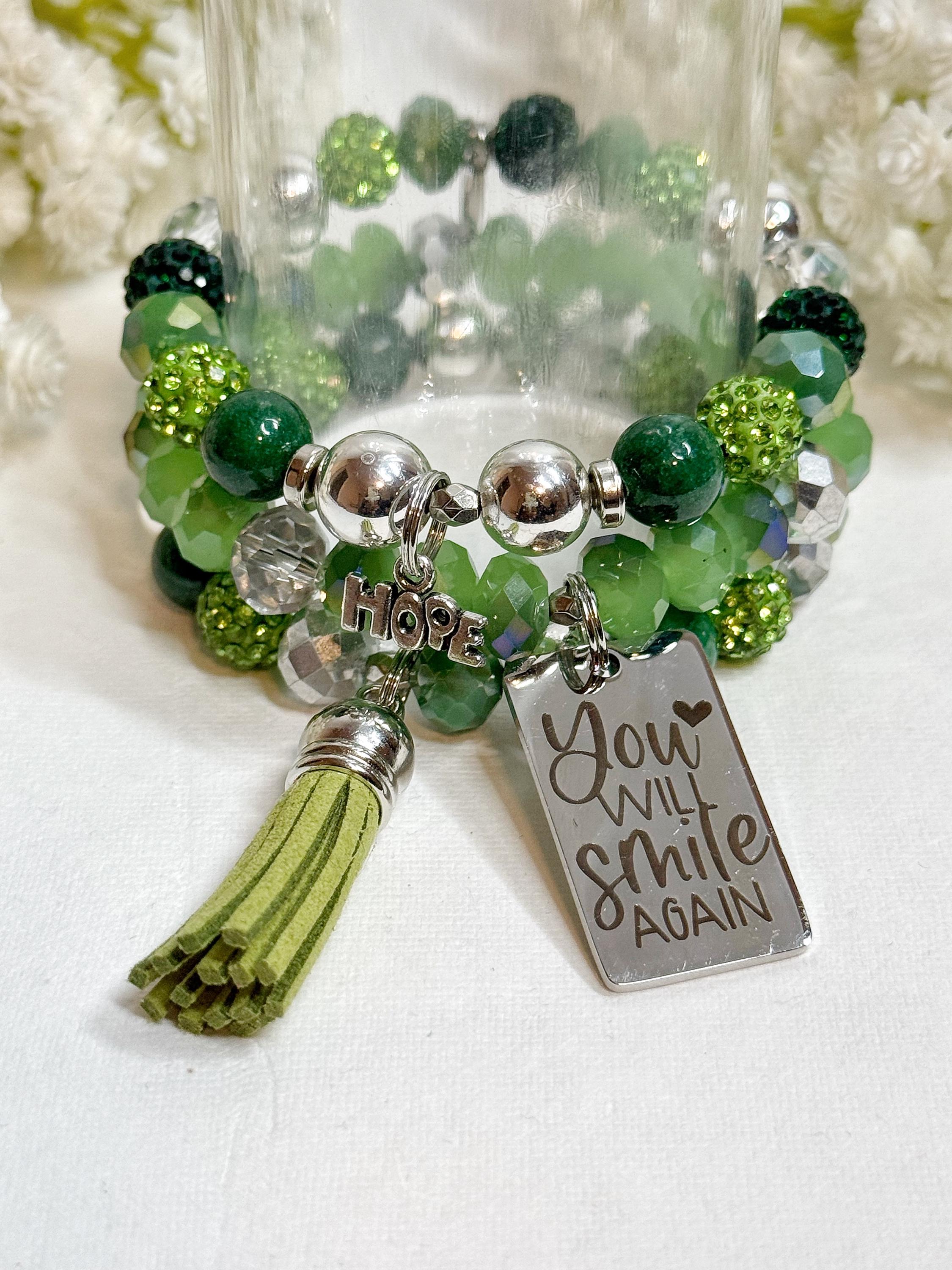 Green Beaded Charm Bracelet Set: Inspirational Stretch Bracelets