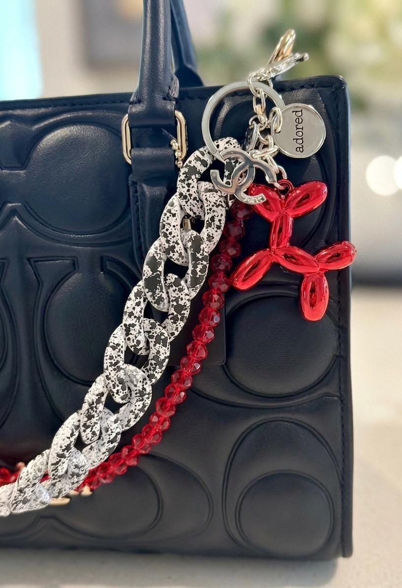 Red Crystal Balloon Dog Charm | Polka Dot Chain Handbag Accessory