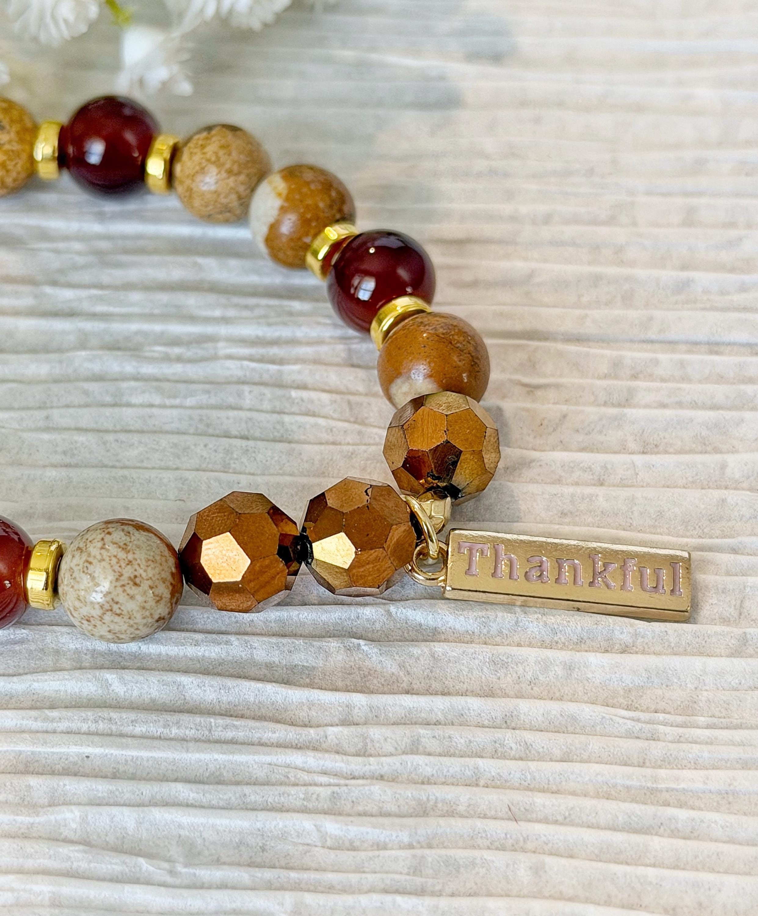 Thankful Charm Bracelet, Boho Beaded Stretch Bracelet, Fall Jewelry Gift