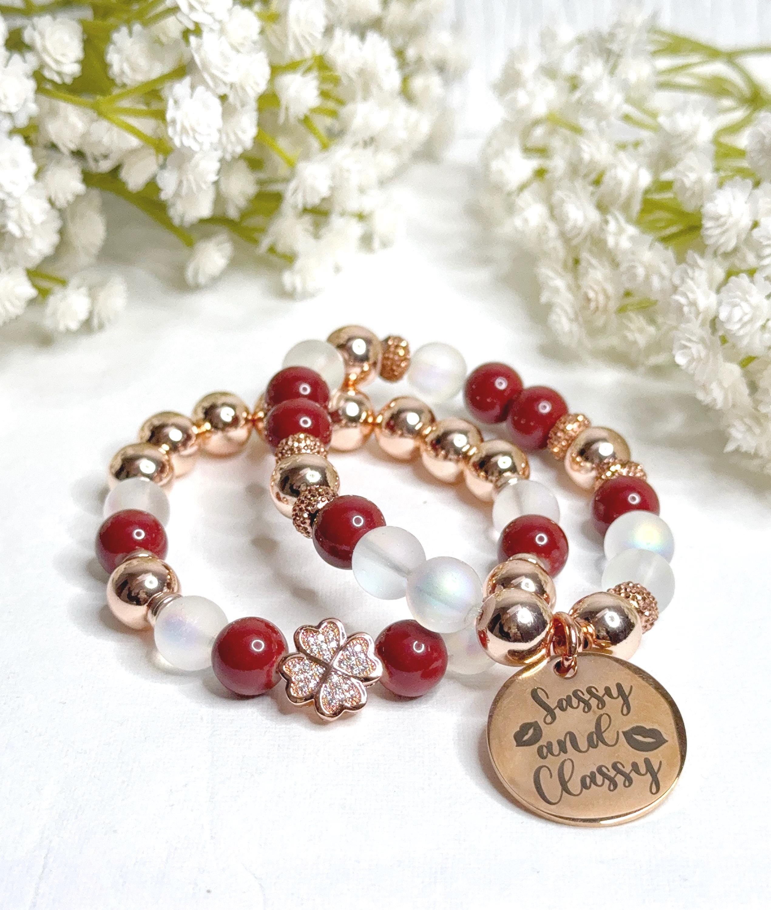 Beaded Charm Bracelet Set: Red, White, and Rose Gold Stretch Bracelets
