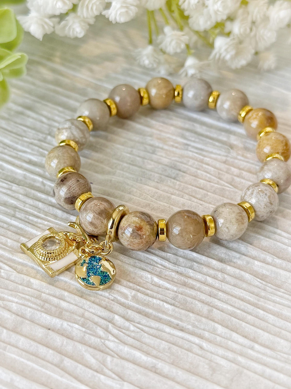 Travel Lover Charm Bracelet, Sunstone Beads with Airplane, Camera & Earth Globe Charms