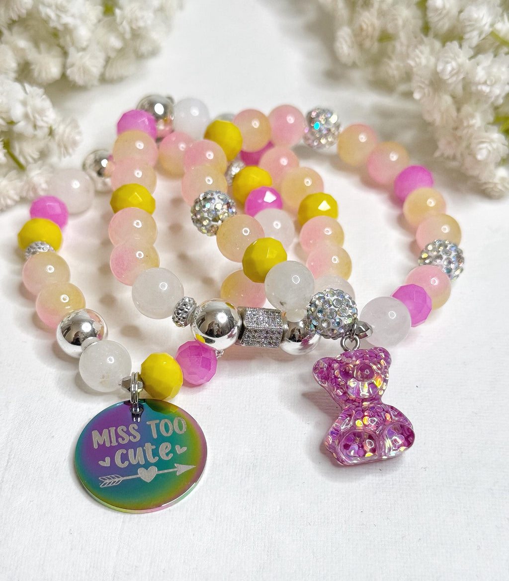 Beaded Charm Bracelet Set: Pink & Yellow Stretch Bracelets