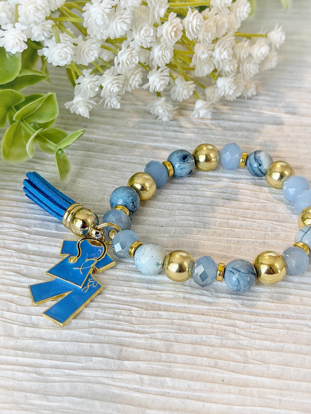 Nurse Inspired, Blue Beaded Stretch Bracelet with Scrubs Charm, 10mm Beads