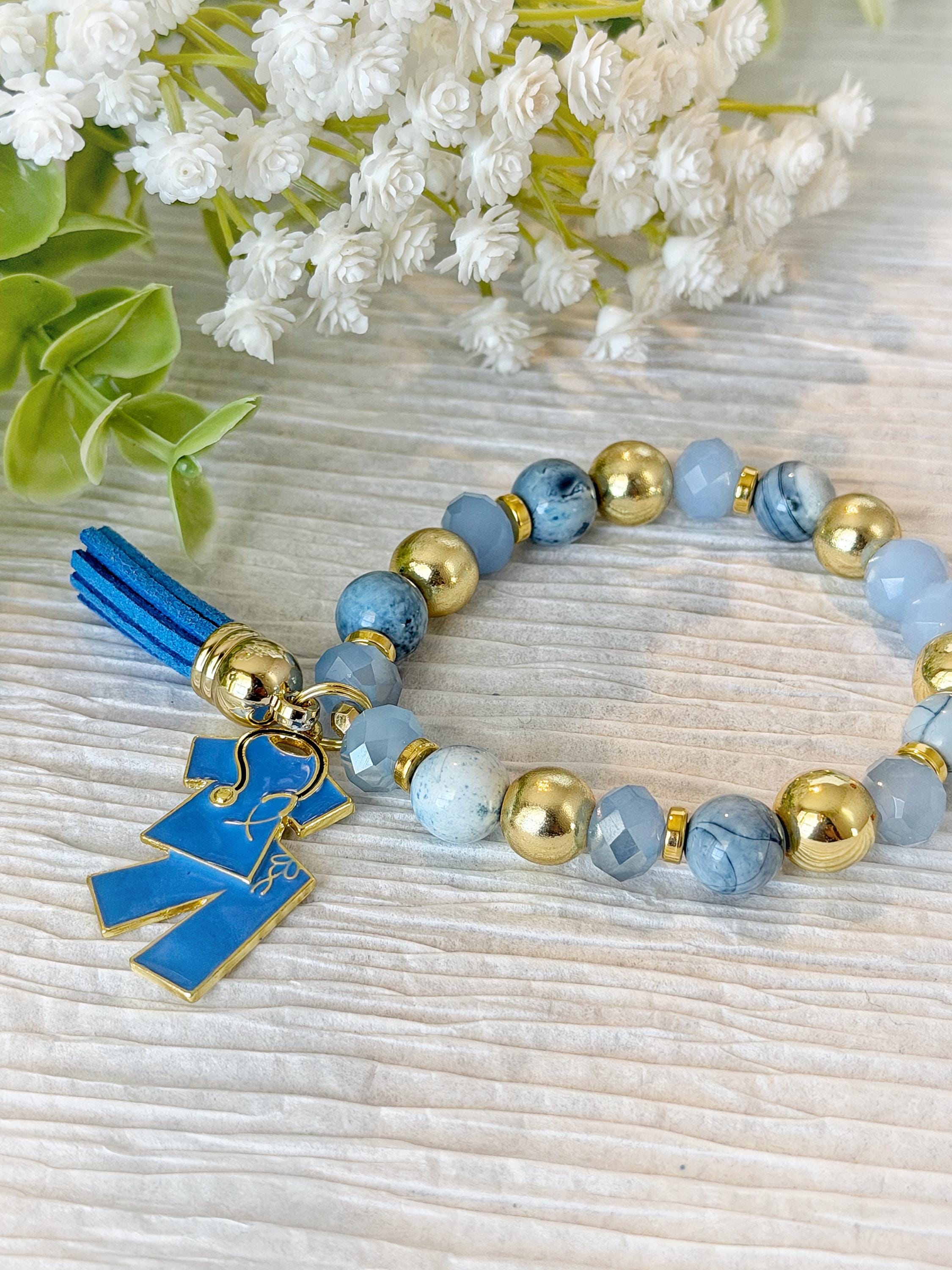 Nurse Inspired, Blue Beaded Stretch Bracelet with Scrubs Charm, 10mm Beads