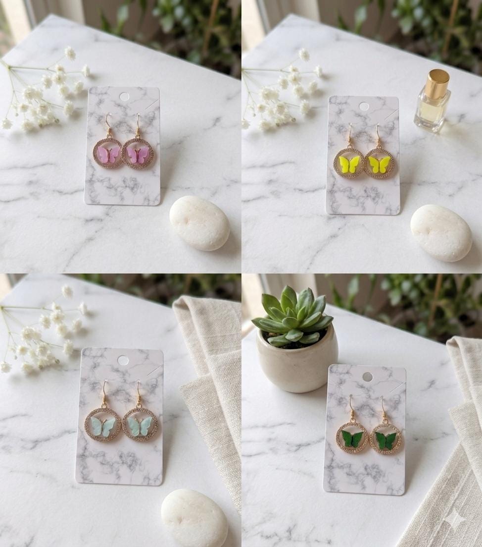 Colorful Butterfly Dangle Earrings, Rhinestone Circle Charm Jewelry
