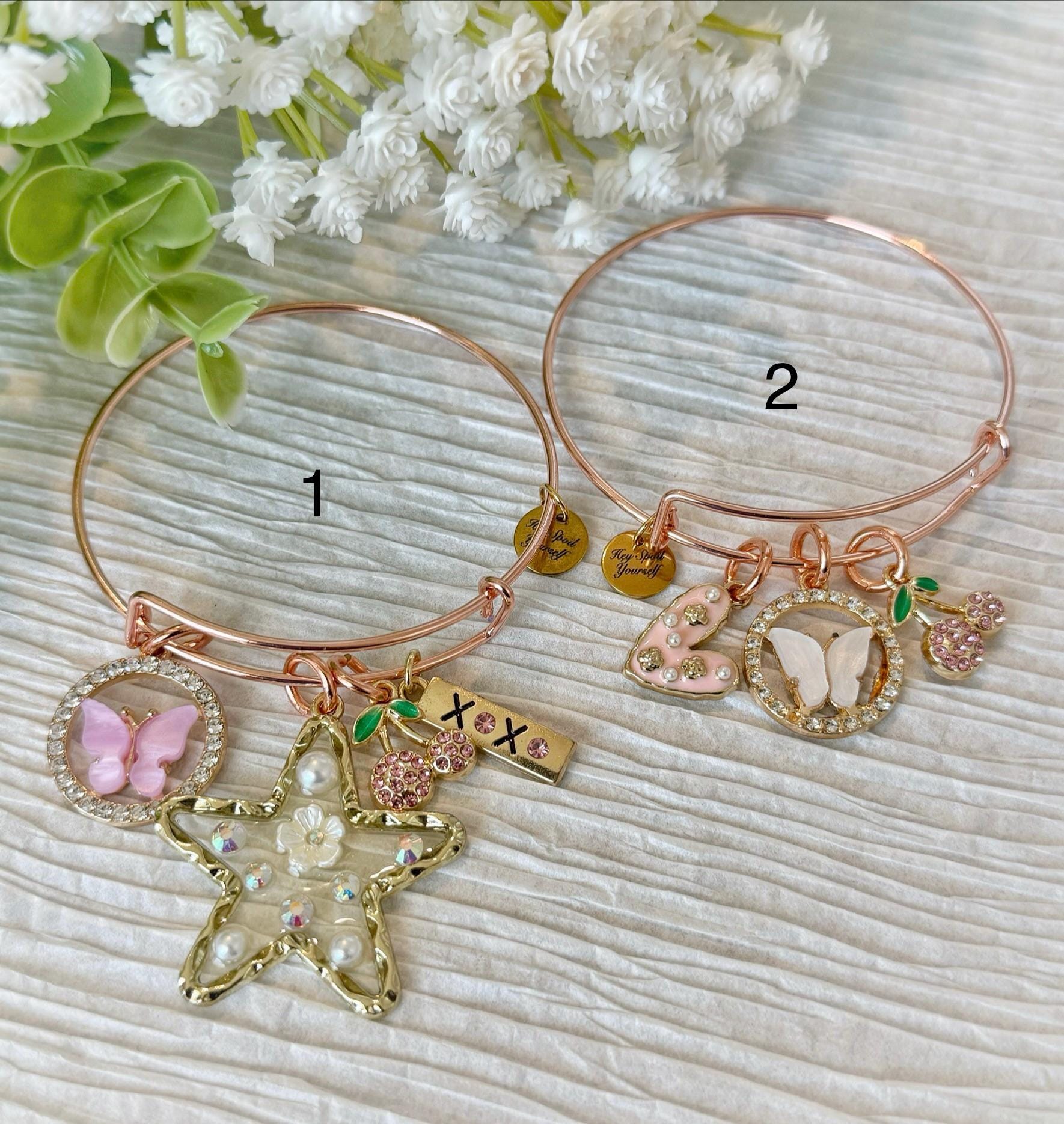 Rose gold adjustable bangle bracelet with charms, Lightweight bangle