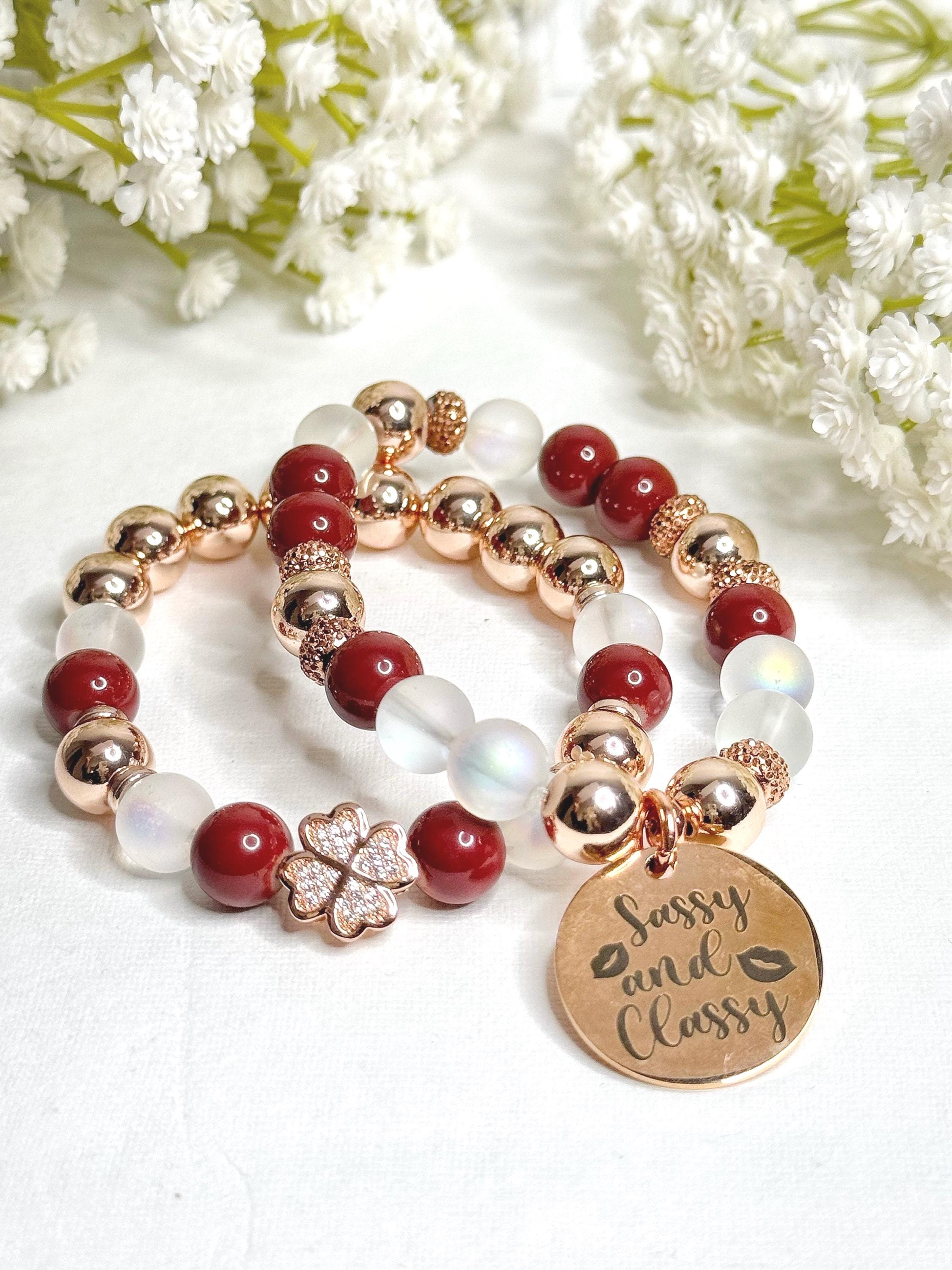 Beaded Charm Bracelet Set: Red, White, and Rose Gold Stretch Bracelets