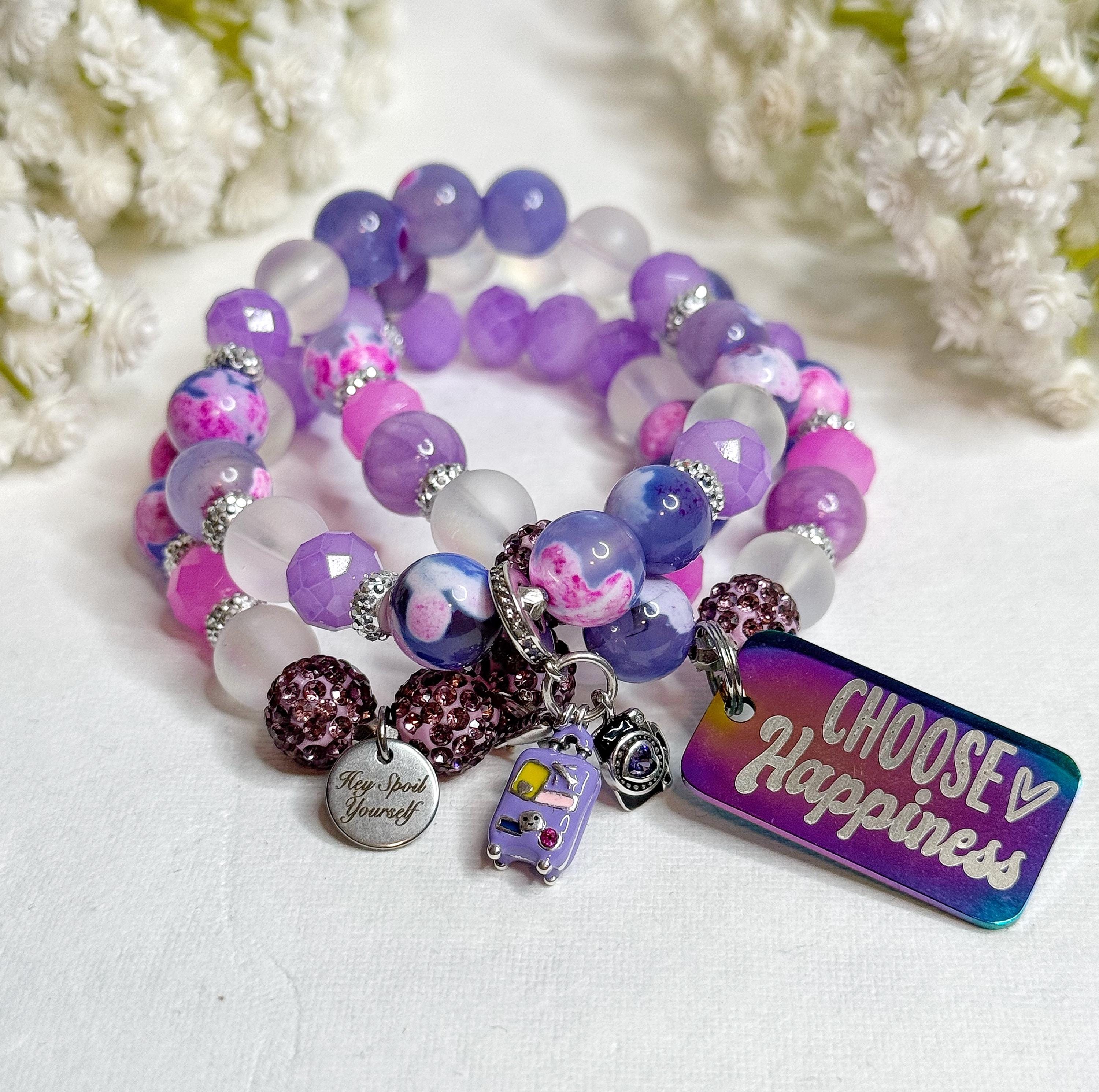 Beaded Charm Bracelet Set: Purple Travel Charms, Inspiration