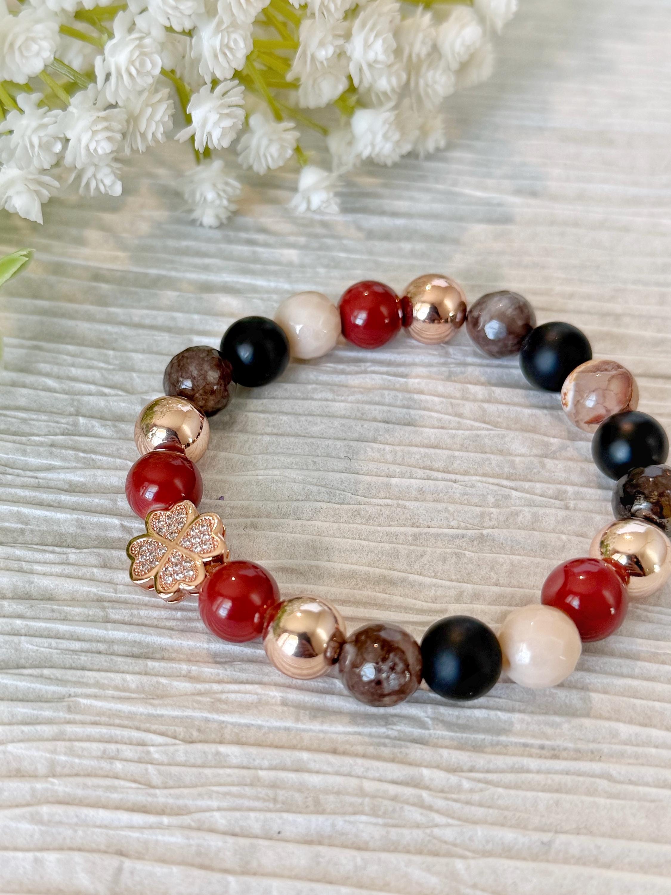 Four Leaf Clover Rose Gold Bracelet, Black Onyx Gemstone Stretch Jewelry