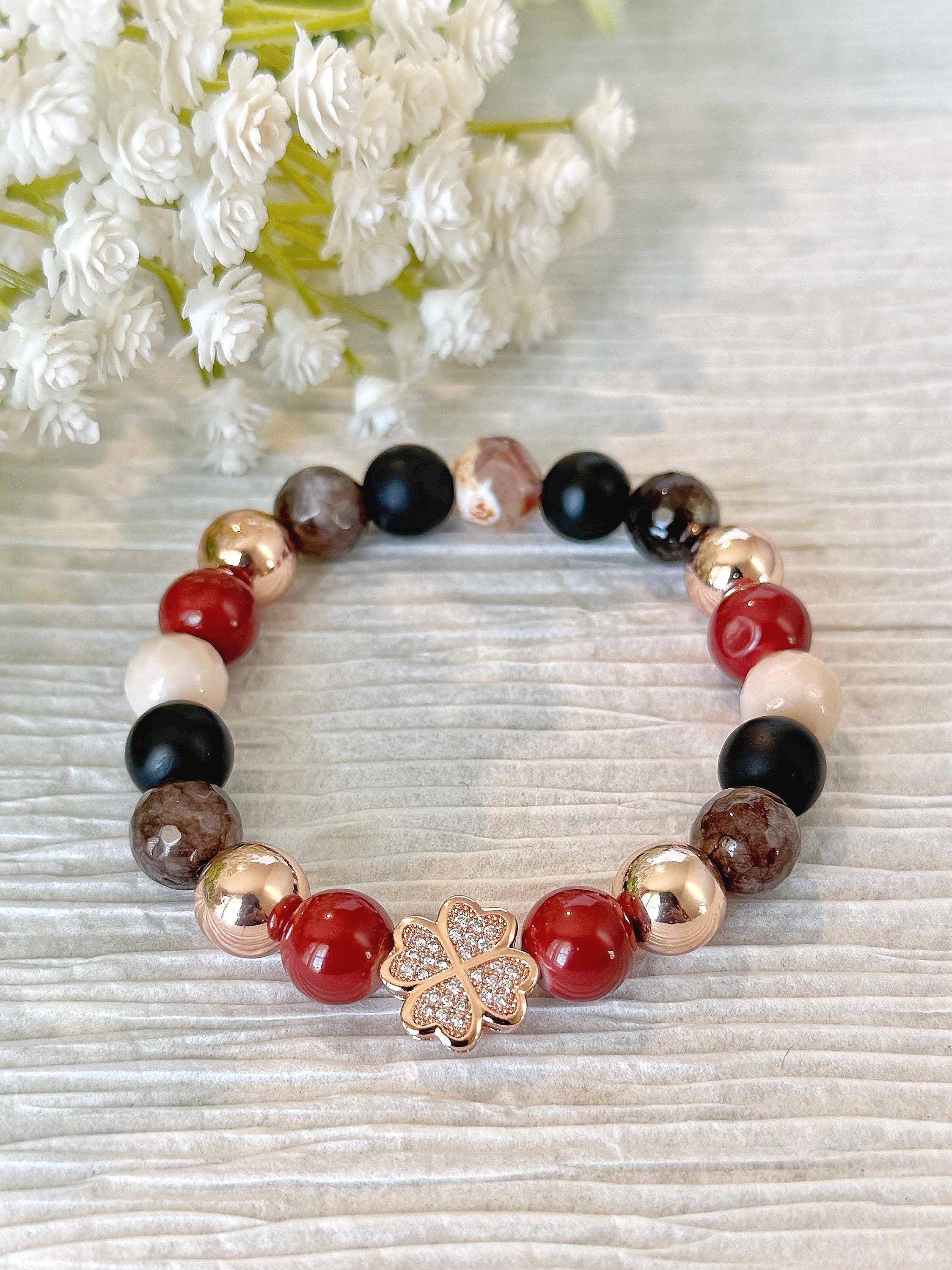 Four Leaf Clover Rose Gold Bracelet, Black Onyx Gemstone Stretch Jewelry