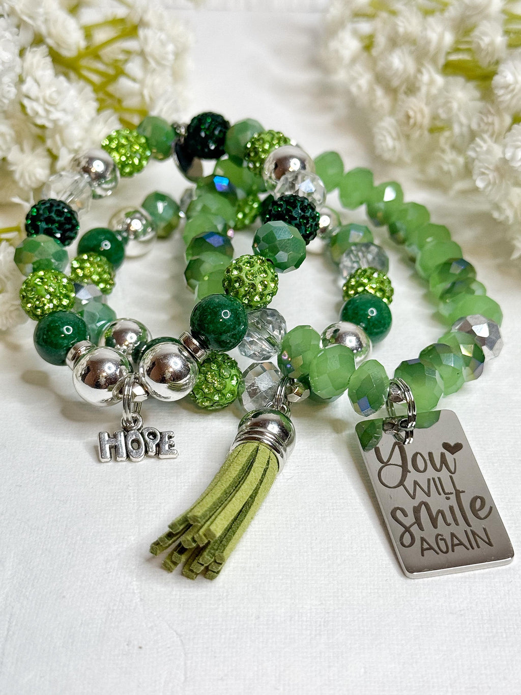Green Beaded Charm Bracelet Set: Inspirational Stretch Bracelets