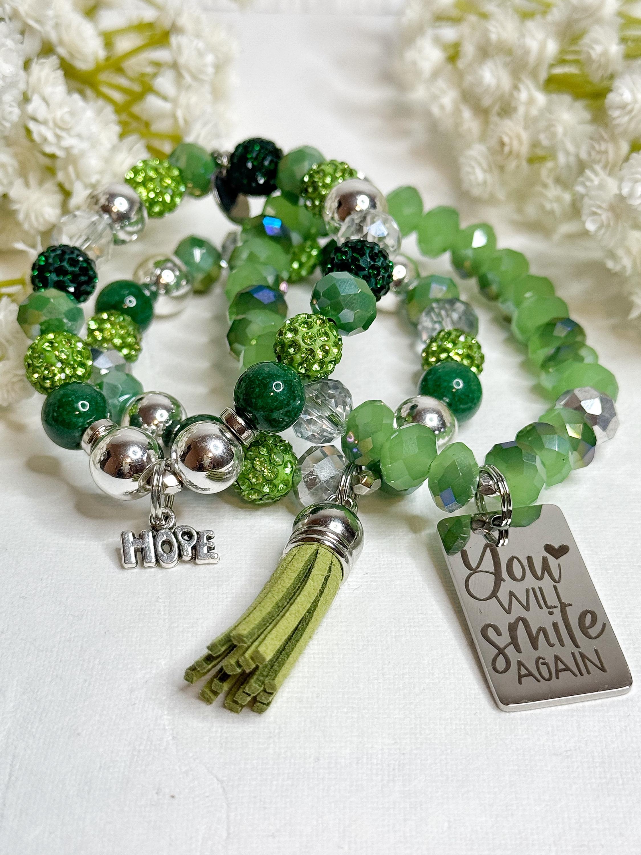 Green Beaded Charm Bracelet Set: Inspirational Stretch Bracelets