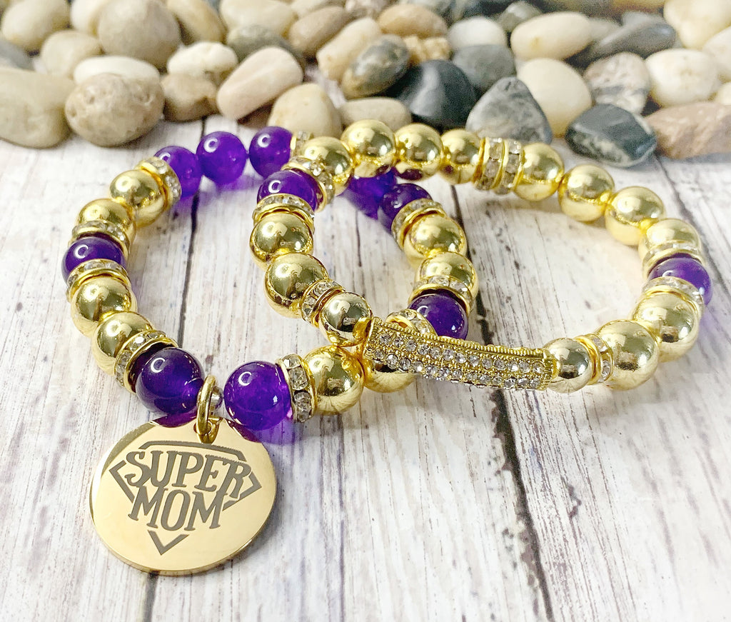 Super Mom Charm Bracelet: Purple & Gold Beaded Jewelry Set