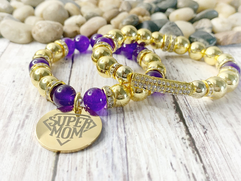 Super Mom Charm Bracelet: Purple & Gold Beaded Jewelry Set