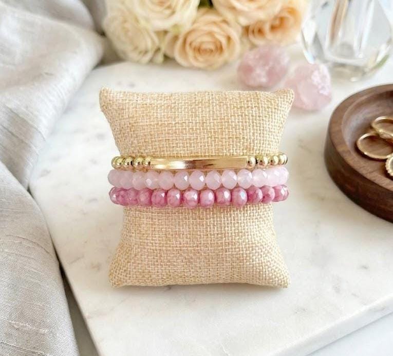 Personalized Gold Filled Bar Bracelet Stack, Crystal Gemstone Beaded Jewelry