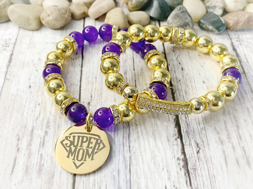 Super Mom Charm Bracelet: Purple & Gold Beaded Jewelry Set