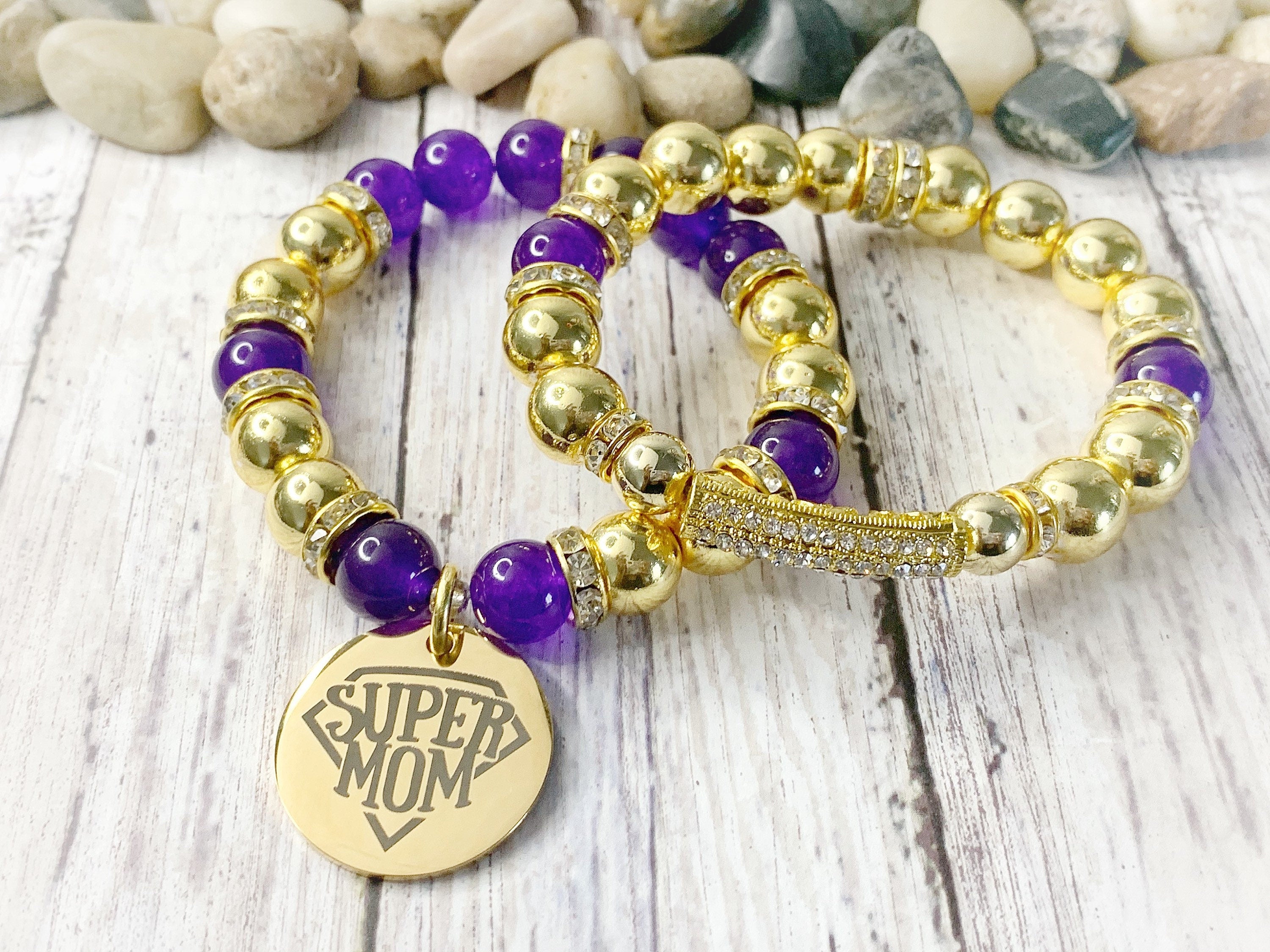 Super Mom Charm Bracelet: Purple & Gold Beaded Jewelry Set