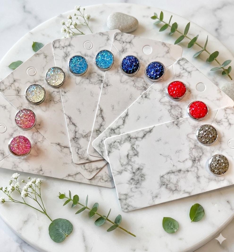 Druzy Stud Earrings, Glitter Resin Crystal Posts, Nickel Free Setting (12mm)