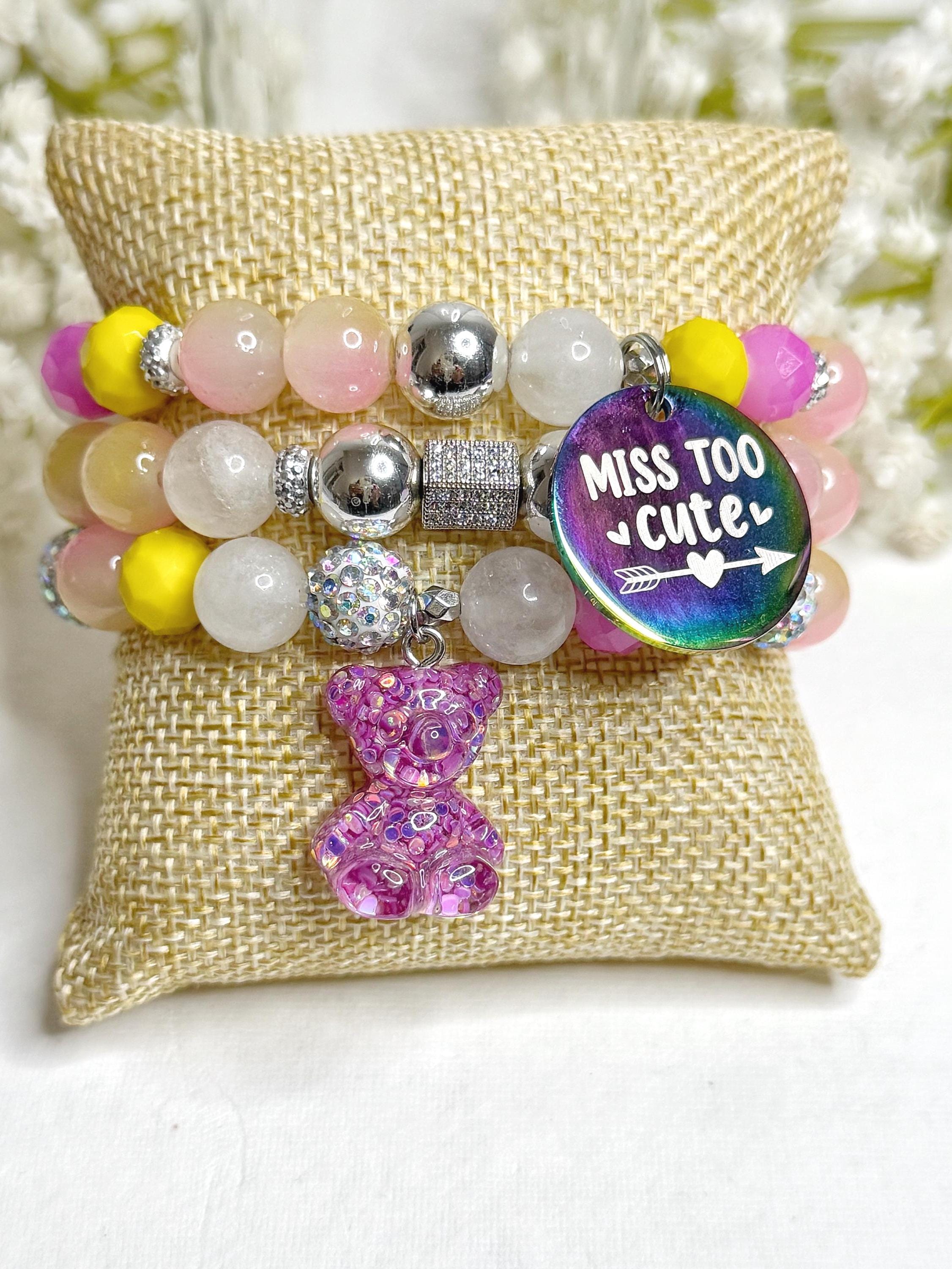 Beaded Charm Bracelet Set: Pink & Yellow Stretch Bracelets