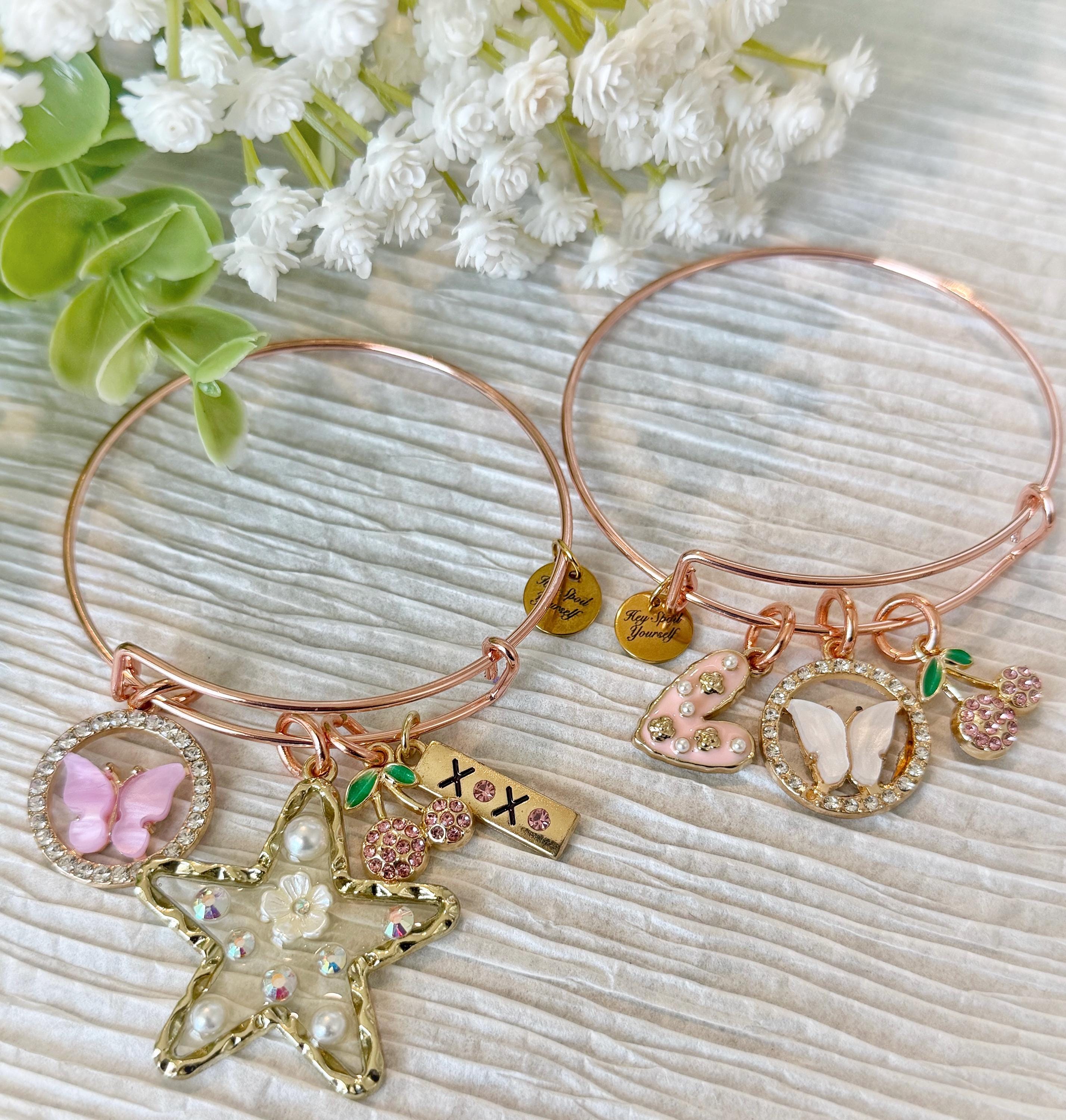 Rose gold adjustable bangle bracelet with charms, Lightweight bangle